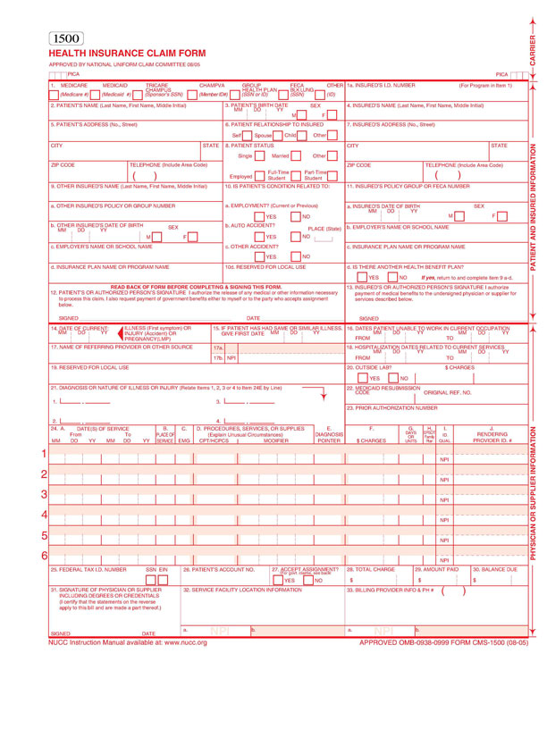 Details about   CMS 1500 Billing Forms  08/05 Version for Inkjet or Laser printers 100 sheets 